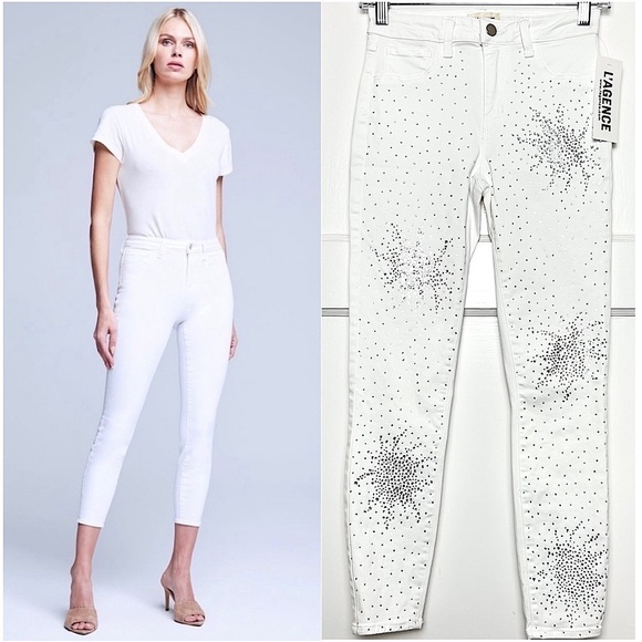 NWT L’AGENCE Crystal Rhinestone Studded High Rise Cropped Margot Skinny Jeans 25 - Picture 1 of 13